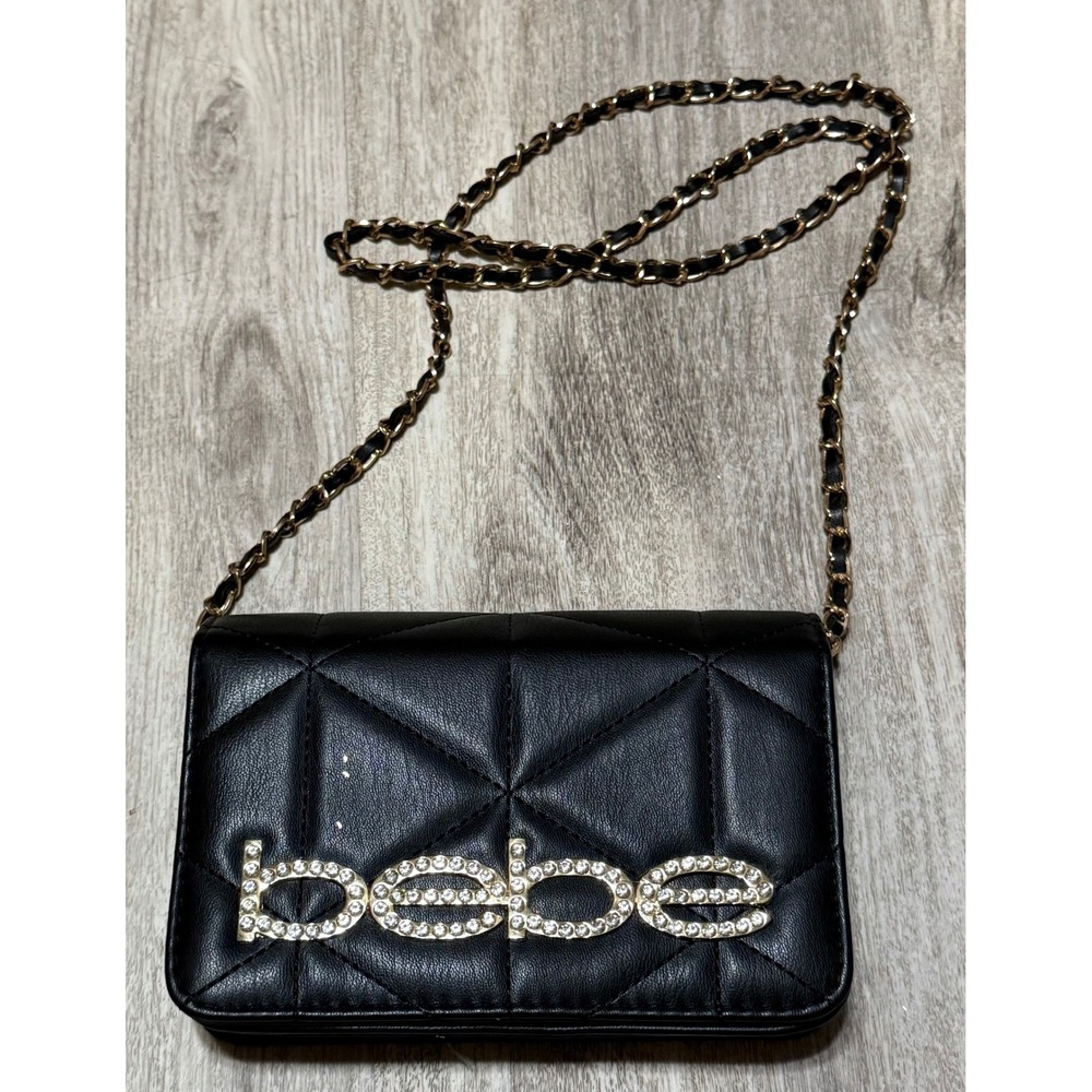 BEBE Women's Classic Mini Crossbody Bag, Micro Shoulder Purse in Black/Gold